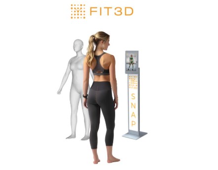 The Fit3D body scanner: a guest on the turntable beside the scan kiosk and her 3D model