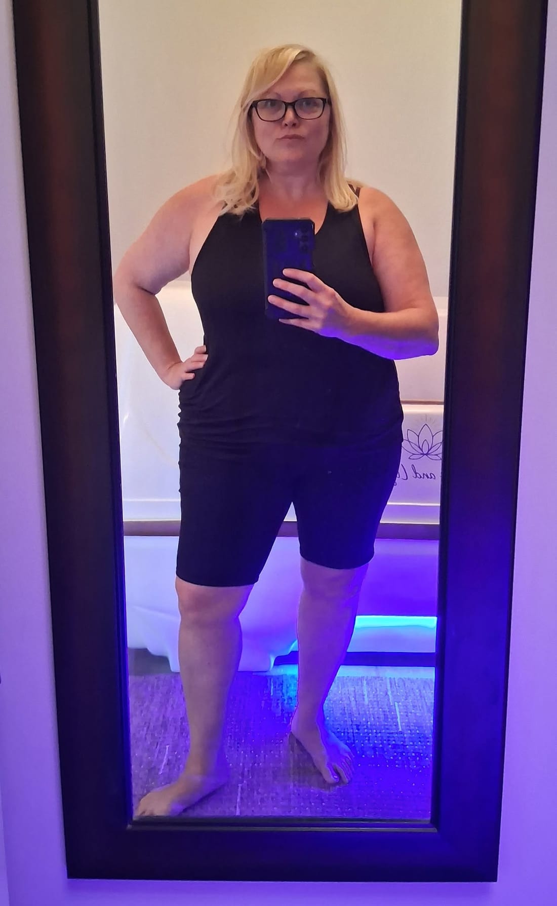 Margo photographed in a full-length mirror at the start of her journey